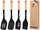 Pack of 4 Silicone Kitchen Utensils Set, Non Stick Solid Spatulas and Heat Resistant Slotted Spoons with Wooden Handle, Ideal BPA Free Cooking Utensils for Mixing,Serving,Turning,Stirring(BLACK) by CozyNest Decor