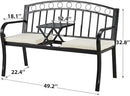 AVAWING Outdoor Metal Garden Bench, 2-Seat Patio Porch Bench with Steel Frame, Park Bench w/Pullout Middle Table＆ Cushion for Backyard Lawn Deck Entryway, Black by CozyNest Decor