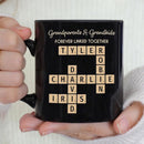 Family Forever Linked Together Custom Names Ceramic Mug, Crossword Puzzle Art, for Birthday, Anniversary or Special Occasions (Grandparents & Grandkids Forever Linked Together Black Mug) by TinyTreasures Baby Boutique