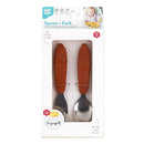 Bumkins Toddler Utensils, Kids Size Fork and Spoon Set, Silicone and Stainless-Steel Training Silverware, Angled Forks/Sporks for Self-Feeding, Children Hold Learning to Eat, 18 Months Up, Clay by TinyTreasures Baby Boutique