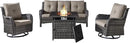 Outdoor Patio Furniture Set with 50000BTU Propane Fire Pit Table, 4 Pieces Wicker Patio Conversation Set with 2 Swivel Rocker Glider Chairs Rattan Sofa Grey Cushion Perfect for Gathering by GreenHaven Gardens