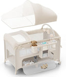 4 in 1 Baby Bassinet, Pack and Play, Bedside Crib Sleeper, Diaper Changer - Comes with Mattress, Mosquito Net，Bottom Storage and Toy Bar for Newborn to Toddles by TinyTreasures Baby Boutique