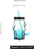 Halloween Cups Set of 4 - Blue Skull Glass Drinking Jar with Lids and Straws - Halloween Decor, Drinking Glasses 16 oz by CozyNest Decor