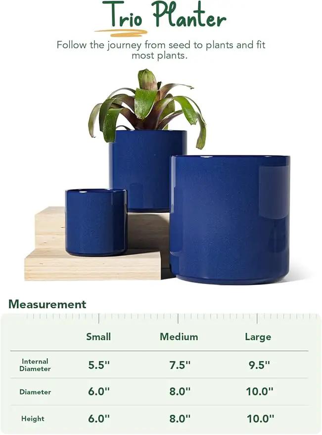 LE TAUCI Large Plant Pots Set, 10/8/6 Inch Ceramic Planters for Indoor Plants, Mid-Century Modern Flower Planter Pots with Drainage Hole and Plug, Cylinder Round Planter Pots, Set of 3, Sapphire Blue, photo 6 of 7