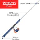 Zebco Wilder Fishing Reel and Rod Combo, 4'3" Durable Fiberglass Rod with Built-In Carabiner, Patented No-Tangle Reel, Pre-Spooled with 6-Pound Zebco Cajun Fishing Line, Blue/Orange by TinyTreasures Baby Boutique