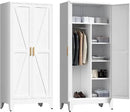 71'' Farmhouse Metal Wardrobe Cabinet with Hanging Rod, 2 Barn Door Wardrobe Closet with 5 Adjustable Shelves,Drawer,for Dining Room,Bedroom,Living Room, Cloak Room,Office (White) by CozyNest Decor