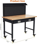 48'' Adjustable Workbench on Wheels, 2000LBS Heavy Duty Worktable with Power Outlets & Drawers & Pegboard, Rubberwood Workstation for Workshop, Garage, Office, Home by GreenHaven Gardens