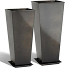 KOL 25'' & 28'' Tall Glazed Planter with Saucer, Set of 2, Galvanized Steel Planter Metal Pots for Indoor & Outdoor Use, Decorative Flower Plant Pots with Drainage Hole for Porch, Patio, Deck - Black by CozyNest Decor