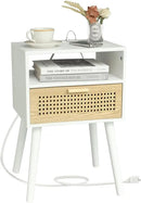 MaxSmeo Nightstand with Charging Station, Bedside Tables with Rattan Drawer, Mid Century Modern Nightstand, End Table for Living Room, Bedroom and Small Spaces, Easy Assembly (White) by CozyNest Decor