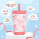 Kid Insulated Stainless Steel Tumbler with Silicone Straw, 12oz Sippy Cup for Kids (Pink Bows) by TinyTreasures Baby Boutique