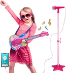 TAKIHON Guitar and Microphone Set for Kids,Guitar Toys with Music&Colorful Light,Adjustable Height Microphone with Stand,Karaoke Toys Gift for Boy,Girls,Toddlers(Red)-Upgraded by TinyTreasures Baby Boutique