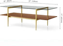 X-Large Rectangle Glass Coffee Table, Mid-Century Modern Design, for Living Room, L47 x W24 x H17 Inch, Clear Glass Top and Walnut MDF Shelf, Sleek Conical Legs with Gold Finish Frame by CozyNest Decor