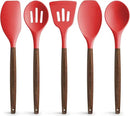 Zulay Kitchen Utensils Set Non-Stick Silicone Cooking Utensils Set with Authentic Acacia Wood Handles - 5 Piece Silicone Utensil Set - Silicone Kitchen Utensils Set with 464°F Heat Resistance - Red by CozyNest Decor