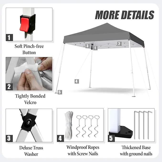 10x10 Pop Up Canopy, 300D Silver Coated Grey Fabric Outdoor Gazebo, Beach Tent Slant Legs with Storage Bag,Easy Up Sun Shade Shelter Tents with 8x8 Top Cover for Patio,Party, photo 3 of 9