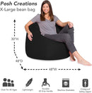Posh Creations Bean Bag Chair for Kids, Teens, and Adults Includes Removable and Machine Washable Cover, Solid Black, 48in - X-Large by TinyTreasures Baby Boutique