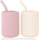 WeeSprout Silicone Baby Cups With Straws and Lids, 4 & 8 oz Options, Set of 2, Food Grade Toddler Training Container, Built In Straw Stoppers, Measurement Markings, Dishwasher Safe + Straw Cleaner by TinyTreasures Baby Boutique