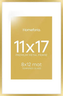 Homeforia 11x17 Picture Frame Gold, High End Metal 11x17 Poster Frames with Mat 8x12 for Photo, 11 x 17 Gold Frame Matted to 8 by 12 Print, 17x11 Thin Hanging Frame, Tempered Glass, Wall Kit, Set of 1 by CozyNest Decor