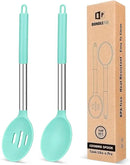 Pack of 2 Large Silicone Cooking Spoons,Non Stick Solid Basting Spoon,Heat-Resistant Kitchen Utensils for Mixing,Serving,Draining,Stirring (GREEN) by CozyNest Decor