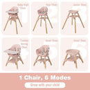 BABY JOY Baby High Chair, 6 in 1 Convertible Wooden High Chair for Babies & Toddlers with Adjustable Legs, Double Removable Tray, Safety Harness & Waterproof PU Cushion (Pink) by TinyTreasures Baby Boutique