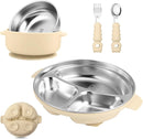 Stainless Steel Baby Plate and Bowl with Suction, Baby Bowl and Divided Kids Toddler Plate with Removable Silicone Shell, Non-Slip Toddler Baby Feeding Set, Forks + Spoons Included-Cream by TinyTreasures Baby Boutique