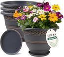 10 Inch 4 Pack Large Plant Pots, Plastic Flower Pot for Indoor & Outdoor with Drainage Holes & Saucer, Plaid Pattern Planters Garden Pots for Herbs by CozyNest Decor