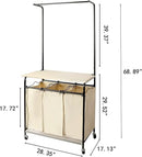 MYOYAY 3 Section Laundry Sorter with Garment Hanging Bar Rack Foldable Ironing Board, Laundry Basket Organizer Heavy Duty Laundry Hamper Rolling Cart with Lockable Wheels and 3 Removable Bags by CozyNest Decor