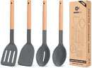 Pack of 4 Silicone Cooking Utensils Set, Non Stick Solid Spatulas and Heat Resistant Slotted Spoons with Wooden Handle, Ideal Wood Kitchen Utensils Set for Frying,Serving,Turning,Stirring (GRAY) by CozyNest Decor