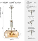 WUZUPS Nickel Chandelier Rustic Farmhouse Industrial Round Ceiling Pendant LED Light Fixture with Amber Glass Shade for Dining Room Kitchen Island Foyer Entryway, H 20.9" W 15.9", E26 Base by CozyNest Decor