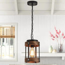 Rustic Farmhouse Wood Pendant Light Fixture One-Light Adjustable Chain Oak Wood and Metal Lantern Drum Small Pendant Lighting for Kitchen Island Sink Hallway Farmhouse Bathroom Bar, Black by CozyNest Decor