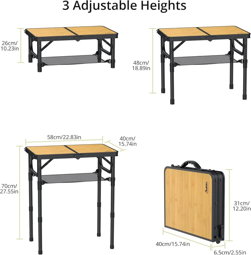 2ft Camping Table Foldable with Storage Net, 3 Adjustable Heights Aluminum Small Folding Table, Lightweight, Portable Handle, for Travel Outdoor Beach Camping Picnic, 23.2" x 16", Yellow, photo 3 of 6