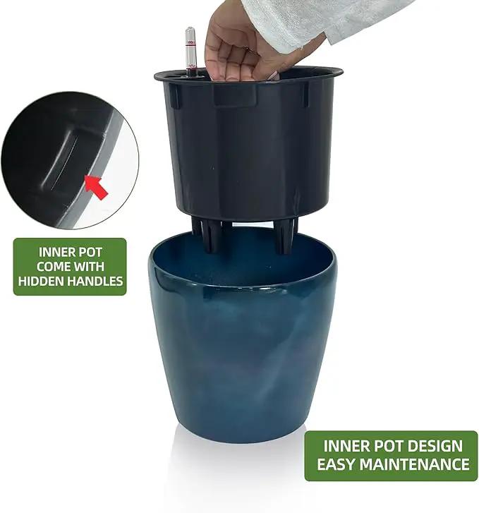 Dexceder 11x10 Inches Self Watering Planter Indoor Outdoor, Inner Pot Design, Thickened Table Flower Plant Pot with Water Level Indicator (Grayish Green Gradient), photo 4 of 6
