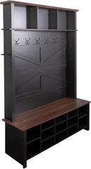 Ball & Cast 4-in-1 Hall Tree with 6 Hooks,Walnut Entryway Bench with Adjustable Shelves,Rustic Shoe Organizer with 16 Open Compartments,for Mudroom,Living Room,Hallway,Black by CozyNest Decor