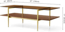 Extra Large Rectangle Glass Coffee Table, Mid-Century Modern Design for Living Room, L47 x W24 x H17, Amber Glass Top and Walnut MDF Shelf, Sleek Conical Metal Legs with Gold Finish by CozyNest Decor