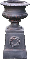VISIBLE Classic Garden Urn Planter with Pedestal, Black Antique Finish, Cement Fiber Material, Decorative Leaf Pattern, 22 Inch Height, Indoor Outdoor Use, Delivered from Local Warehouse (Black) by CozyNest Decor
