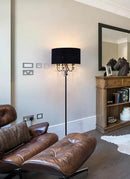Wellmet Black Crystal Drum Shade Floor Lamp, 6 Light Black Gold Shade, Candle Base, for Living Room, Bedroom, Reading Room, Hallway, Corridor by CozyNest Decor