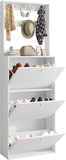 Shoe Storage Cabinet with 3 Flip Drawers, Narrow Shoe Cabinet with 9 Hooks Coat Rack, Freestanding Slim Shoe Storage Organizer for Entryway, Hallway, Entrance, Bedroom, Living Room, White by CozyNest Decor