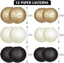 Paper Lanterns Decorative, Black Gold Hanging Round Chinese Lanterns with Lights for Graduation Anniversary Birthday Party 12 LED Light Pack of 12 by CozyNest Decor