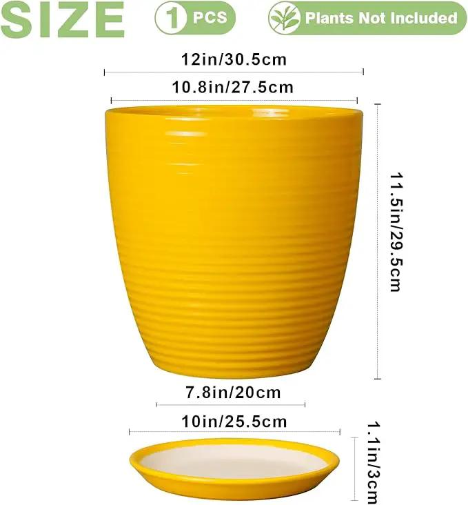 12 Inch Pots for Plants - Ceramic Planter for Indoor Plants Large Plant Pot with Drainage Hole and Saucer Round Outdoor Flower Pot for Garden Home Patio Office Yellow, photo 3 of 7