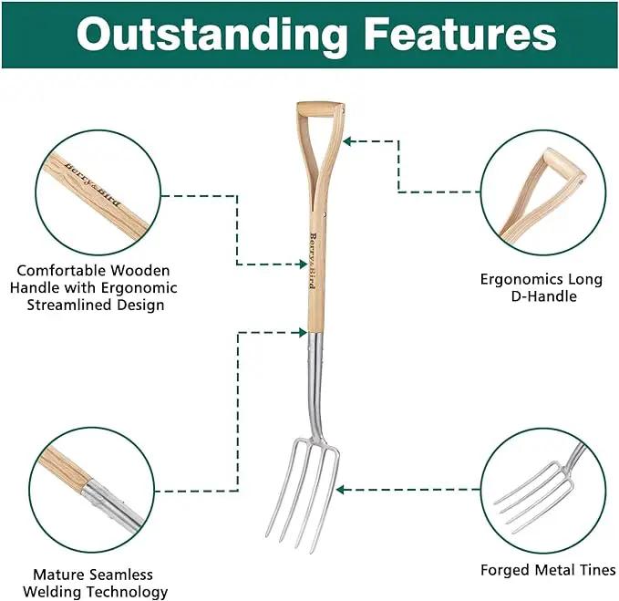 Berry&Bird Gardening Digging Fork, 4-Tine Stainless Steel Pitchfork, 43.9" Heavy Duty Spading Fork with D-Grip Handle and Ergonomic Ash Wood Handle for Digging, Planting, Cultivating, Aerating, photo 4 of 8