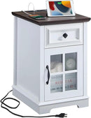 Farmhouse XXL End Table with Charging Station, Side Table with USB Ports and Outlets, Nightstand with Drawer and Glass Door Storage, White Bedside Tables for Living Room, Bedroom, Office by CozyNest Decor