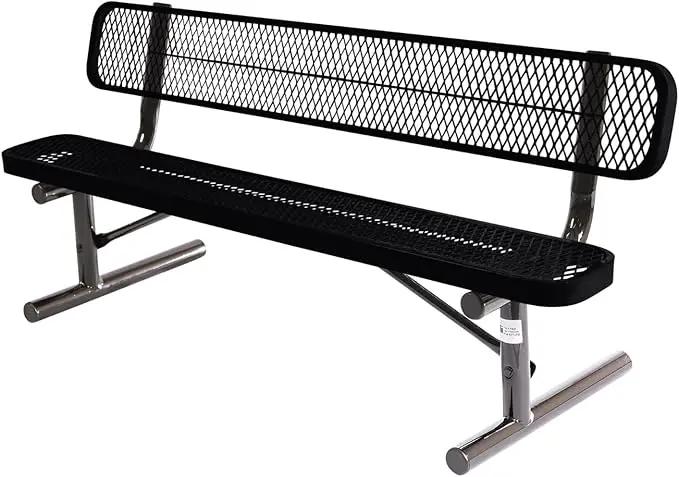 Coated Outdoor Furniture Heavy-Duty Portable Outdoor Bench Thermoplastic Coated, Expanded Metal, Commercial-Grade Seating, Made in America (Portable with Back, 6 Ft, Black)