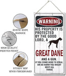 Warning Sign, This Property Is Protected By The Goodlord, A Great Dane And A Gun Warning Wood Plaque Sign, Funny Door Signs, Decorative Wood Hanging Suspension Plaque, Farmhouse Wooden Wall Decor by CozyNest Decor