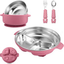 Stainless Steel Baby Plate and Bowl with Suction, Baby Bowl and Divided Kids Toddler Plate with Removable Silicone Shell, Non-Slip Toddler Baby Feeding Set, Forks + Spoons Included-Rose red by TinyTreasures Baby Boutique