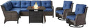 Outdoor Sectional Sofa Furniture Set with Propane Fire Pit Table, Wicker Patio Conversation Set with 2 Swivel Glider Rocker Chairs Blue Cushion Perfect for Backyard Casual Gathering by GreenHaven Gardens