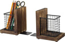 MyGift Rustic Burnt Wood Decorative Bookends for Heavy Books with Matte Black Metal Wire Basket Pencil Cup and Office Supplies Storage Baskets, 1-Pair by CozyNest Decor