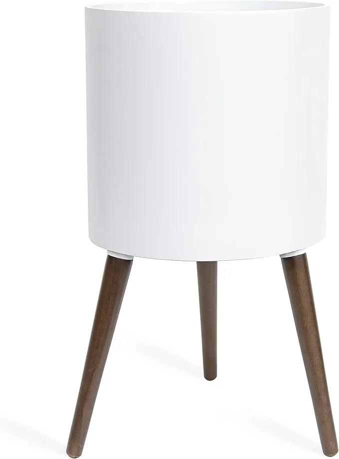 D'vine Dev 14 Inch Planter Pot with Stand, Mid-Century Tall Plant Pot with Legs for Indoor Plants, X-Large, White, 88-O-D-1