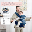 BabbleRoo Grow Carrier – Safety-Certified 6-in-1 Baby Carrier with Hip Seat, Ergonomic & Adjustable Toddler Carrier 7-50 lbs with Hip Support, Hood for Sun Protection, Newborn to Toddler, Denim Leaves by TinyTreasures Baby Boutique