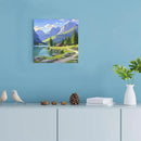 Landscape wall painting of mountain forest lakeside cabin under blue sky and white clouds natural oil painting poster suitable for living room bedroom office by CozyNest Decor