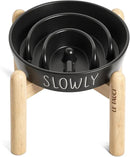 Ceramic Slow Feeder Bowl Elevated - 1.5 Cup with Wood Stand for Small & Medium Breed, Anti-Gulping, Black by CozyNest Decor