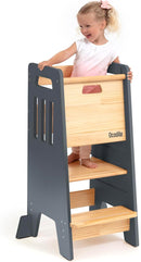 Toddler Tower with a Sliding Door and 3 Adjustable Heights - Complete Toddler Kitchen Stool Helper with Support Feet - Safe Design for 18+ Months to 6-Year-Old Kids - Gray by TinyTreasures Baby Boutique